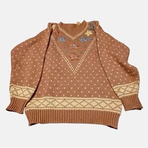 Melbourne Hand Knit Pink Sweater with Embroidered Floral Pattern neck. Medium